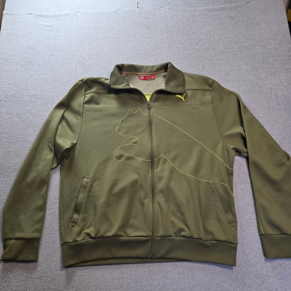 Puma Full Zip Track Jacket Mens XL Olive Green Big Cat Logo Athletic Retro Sport